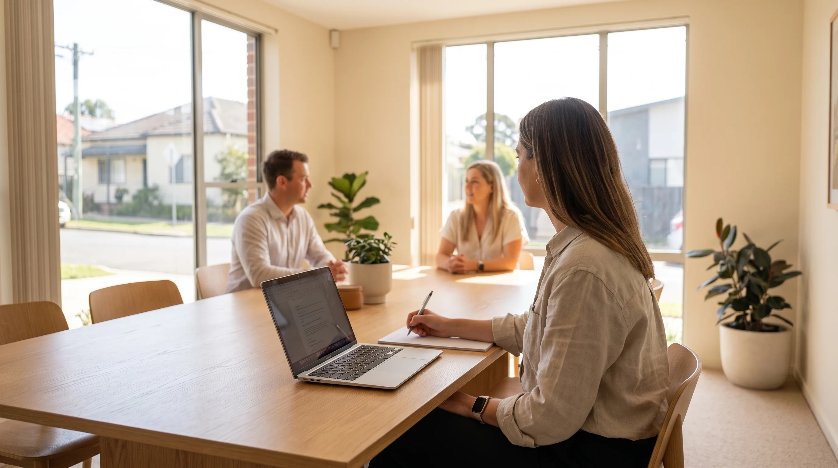 An external consultant taking her own notes on a laptop as a guest in a client's meeting room