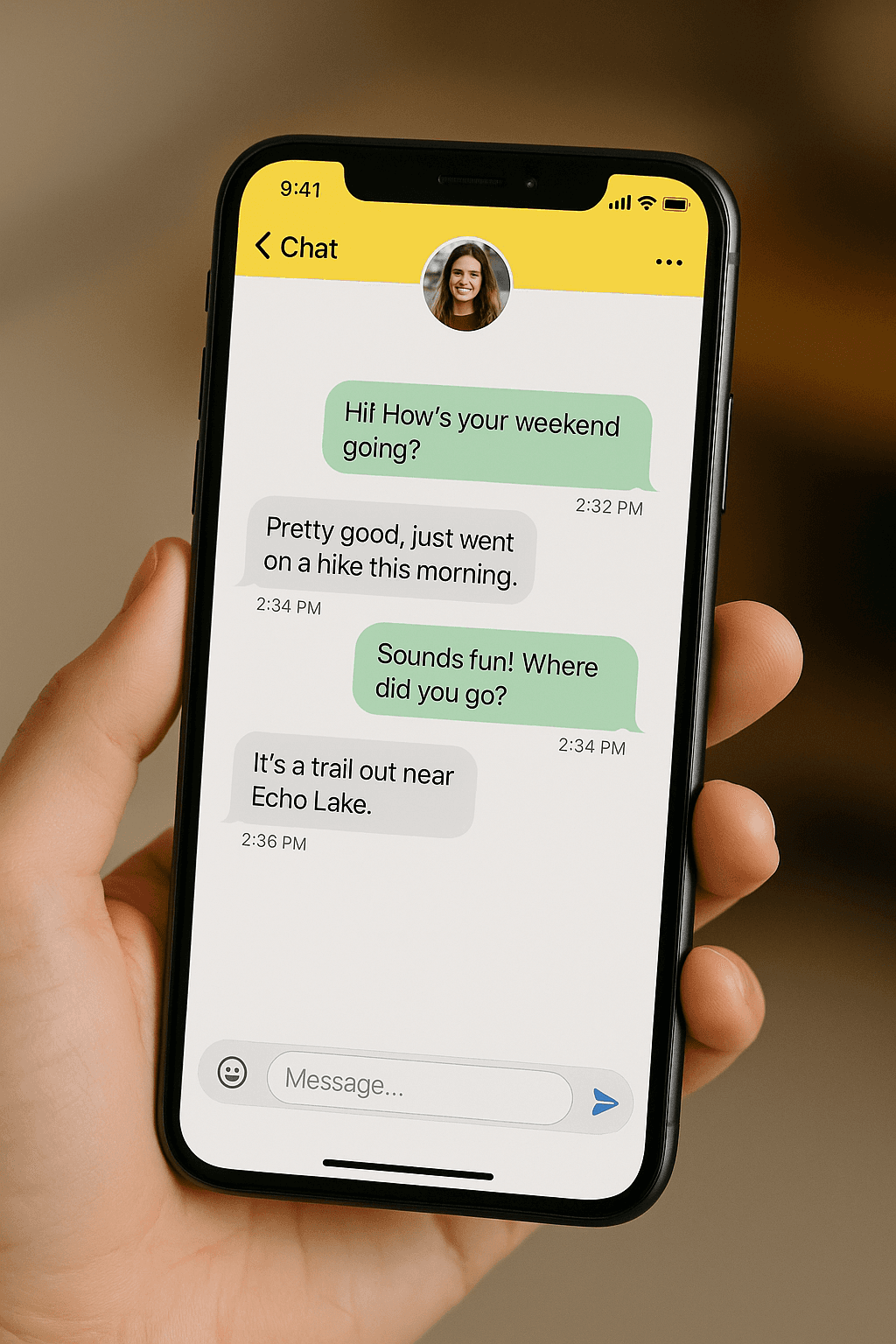 A hand holds a smartphone displaying a chat conversation. One person asks, ‘Hi! How’s your weekend going?’ The other replies they went on a hike. The conversation continues with questions about where they went, ending with ‘It’s a trail out near Echo Lake.’