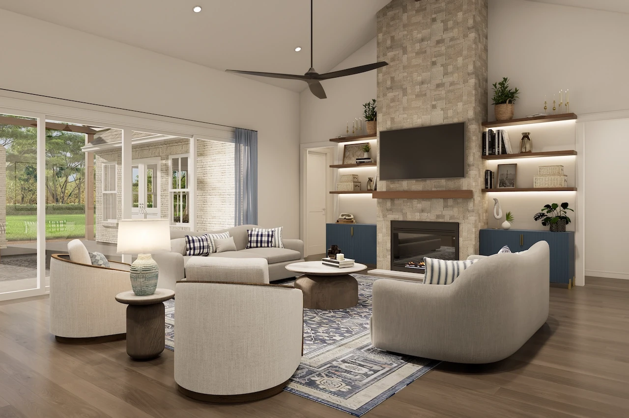 Warm and inviting 3D visualization of a spacious living room with cozy seating, a fireplace with shelving, and large glass doors to the outside. Created by 3D CBA.