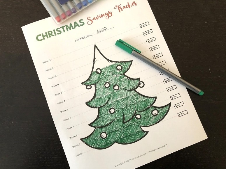 Christmas savings tracker showing amount of money saved toward savings goal