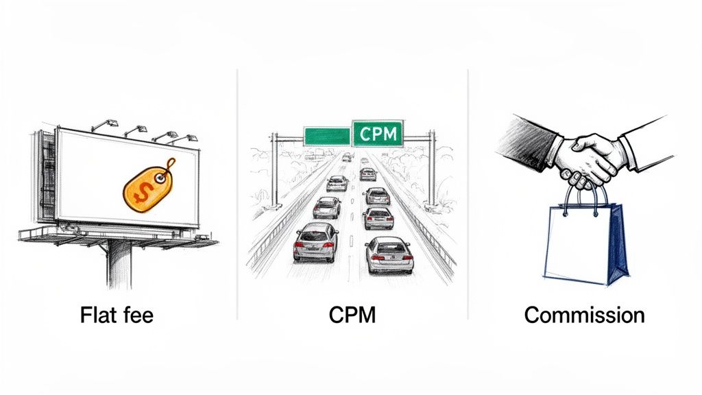 Three illustrations depicting different payment models: Flat fee (billboard), CPM (highway traffic), and Commission (handshake with bag).