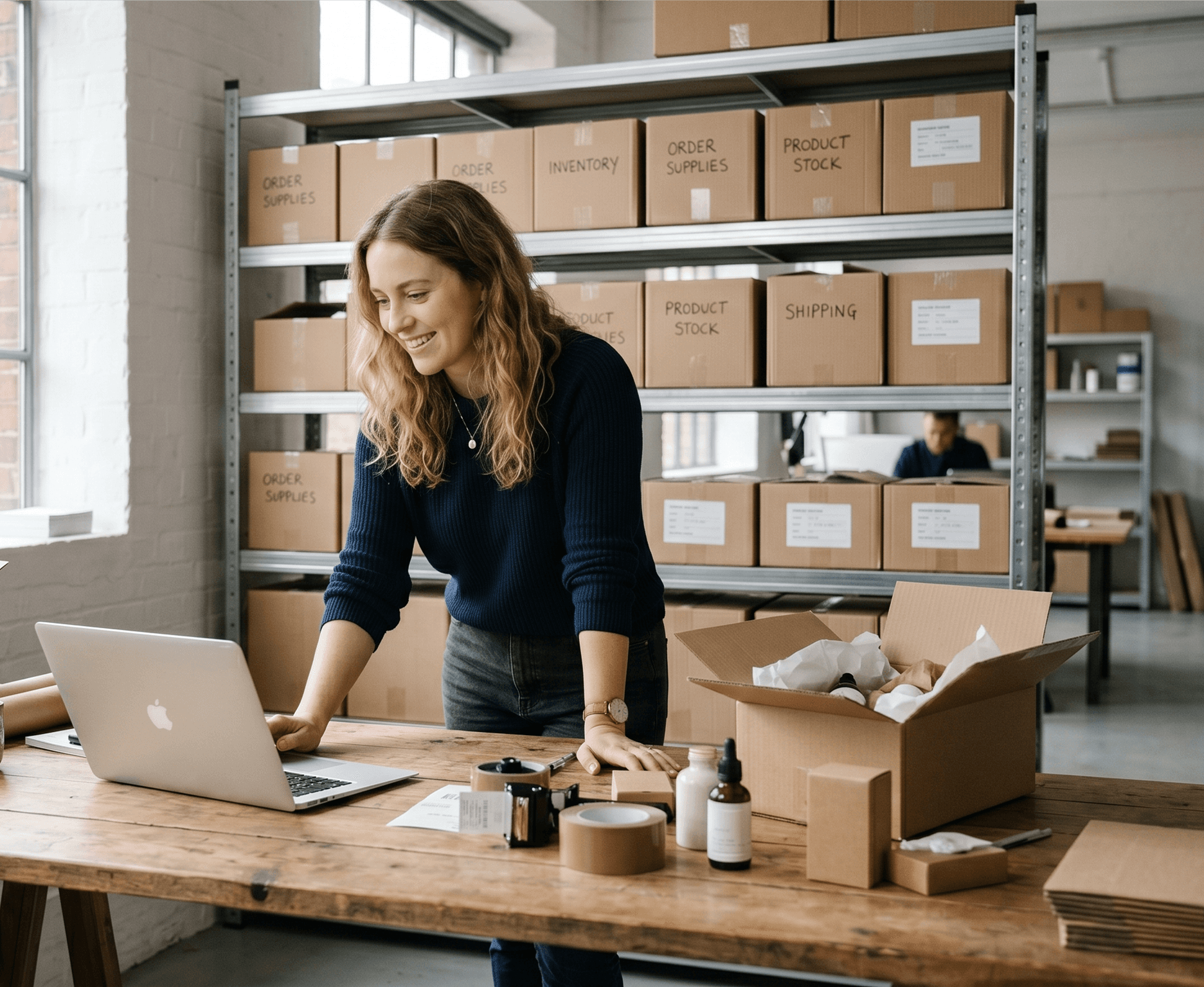 A man shops online at his desk while viewing the Whisprice app's price history chart  for an item, showing its average price and 'Medium' price volatility.