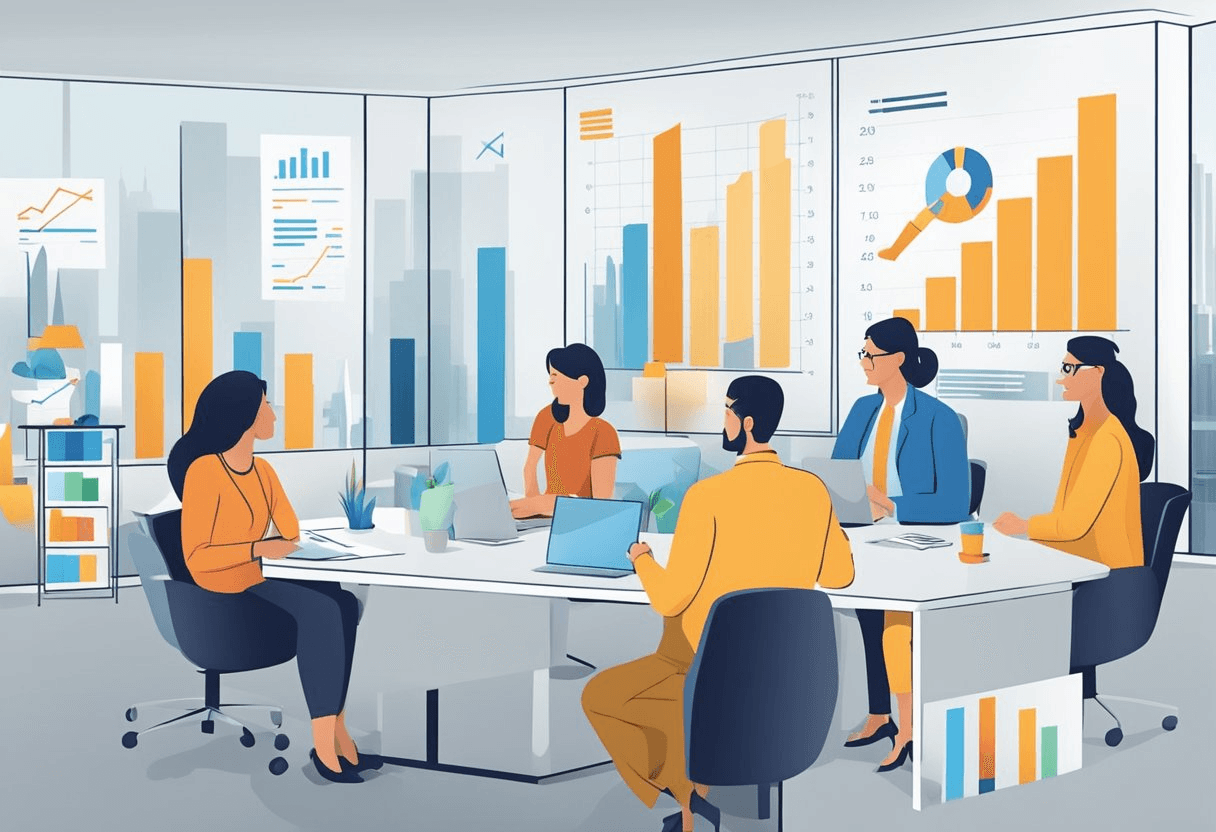 A group of professionals discussing gender pay gap strategies in a modern office setting with charts and graphs on the wall