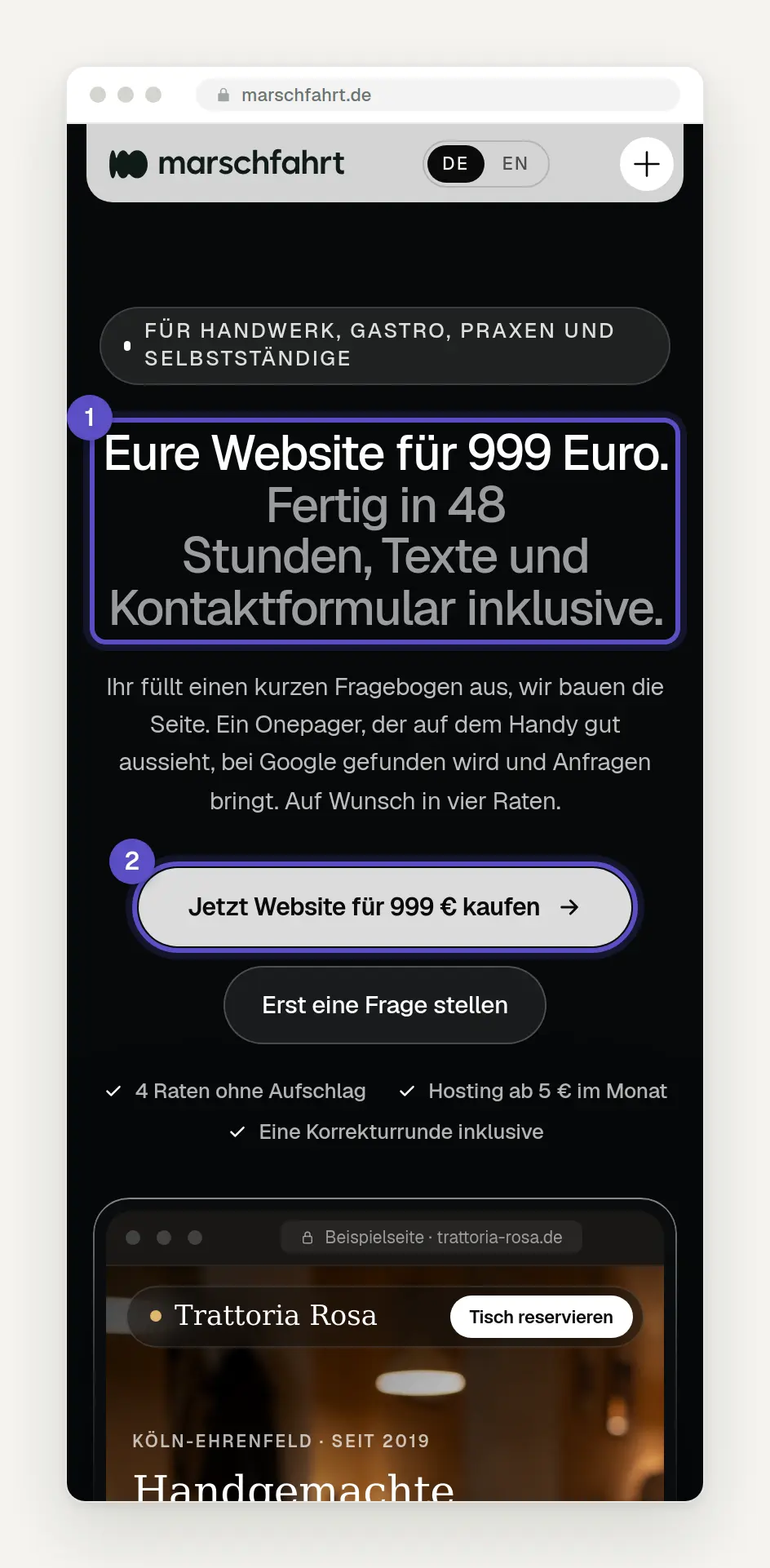 Landingpage auf dem Smartphone mit Überschrift und Haupt-Knopf im ersten Bildschirm