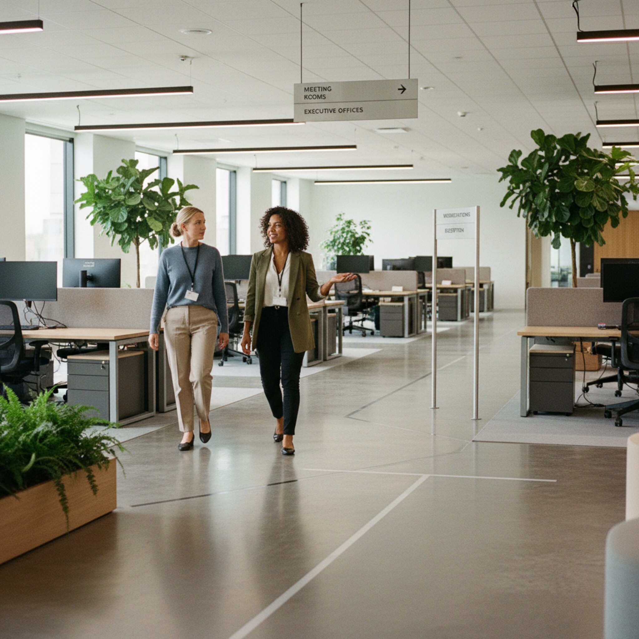 Ein Blick über eine offene Büroetage mit klaren Zonenmarkierungen und gut sichtbaren Wegweisern. Zwei Kolleginnen treffen sich an einer ruhigen Ecke, deuten auf die Beschilderung und gehen gemeinsam los. Die Stimmung ist freundlich, geordnet und effizient.