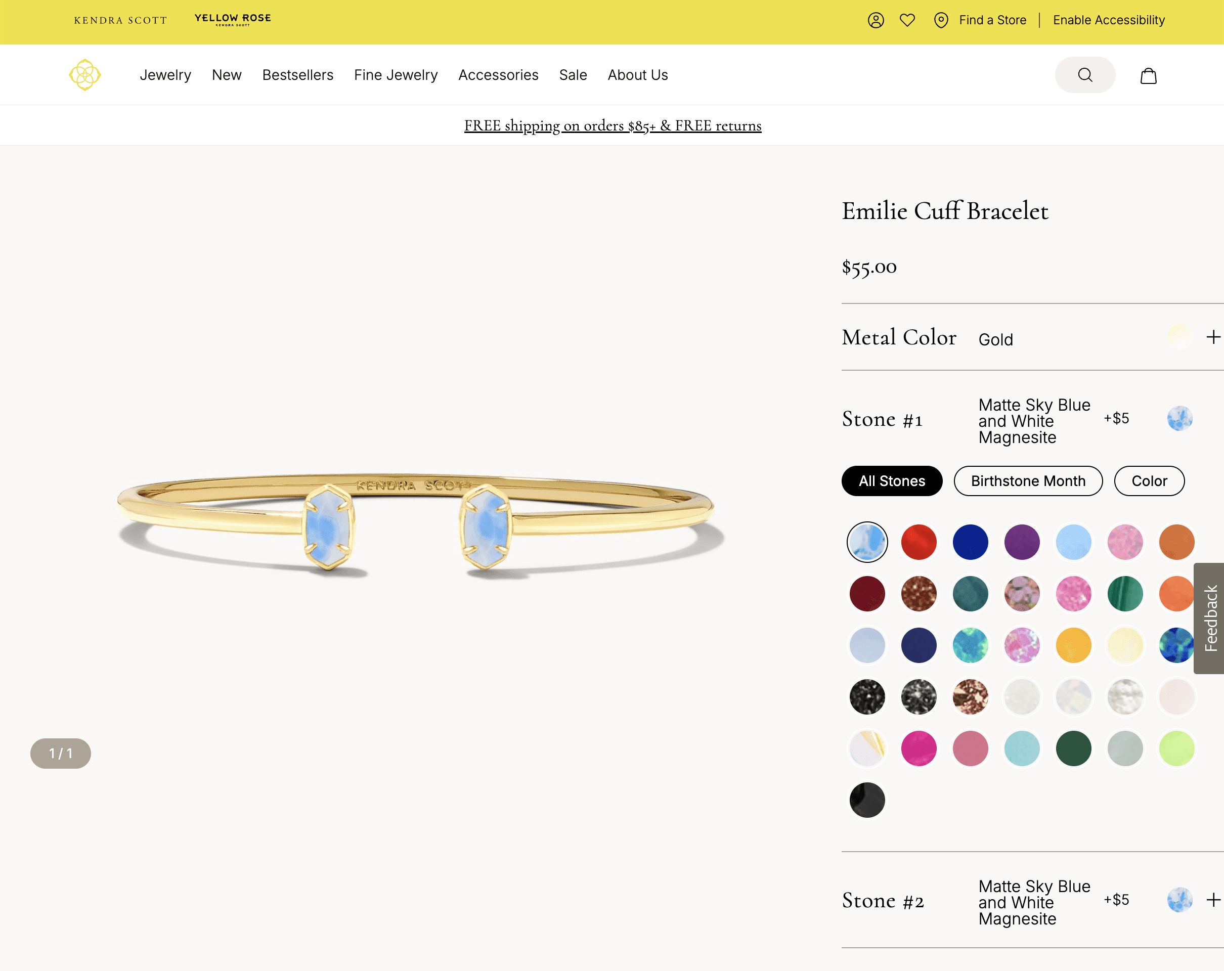 Kendra Scott Color Bar customizer showing gold bracelet with stone selection swatches and color filter options