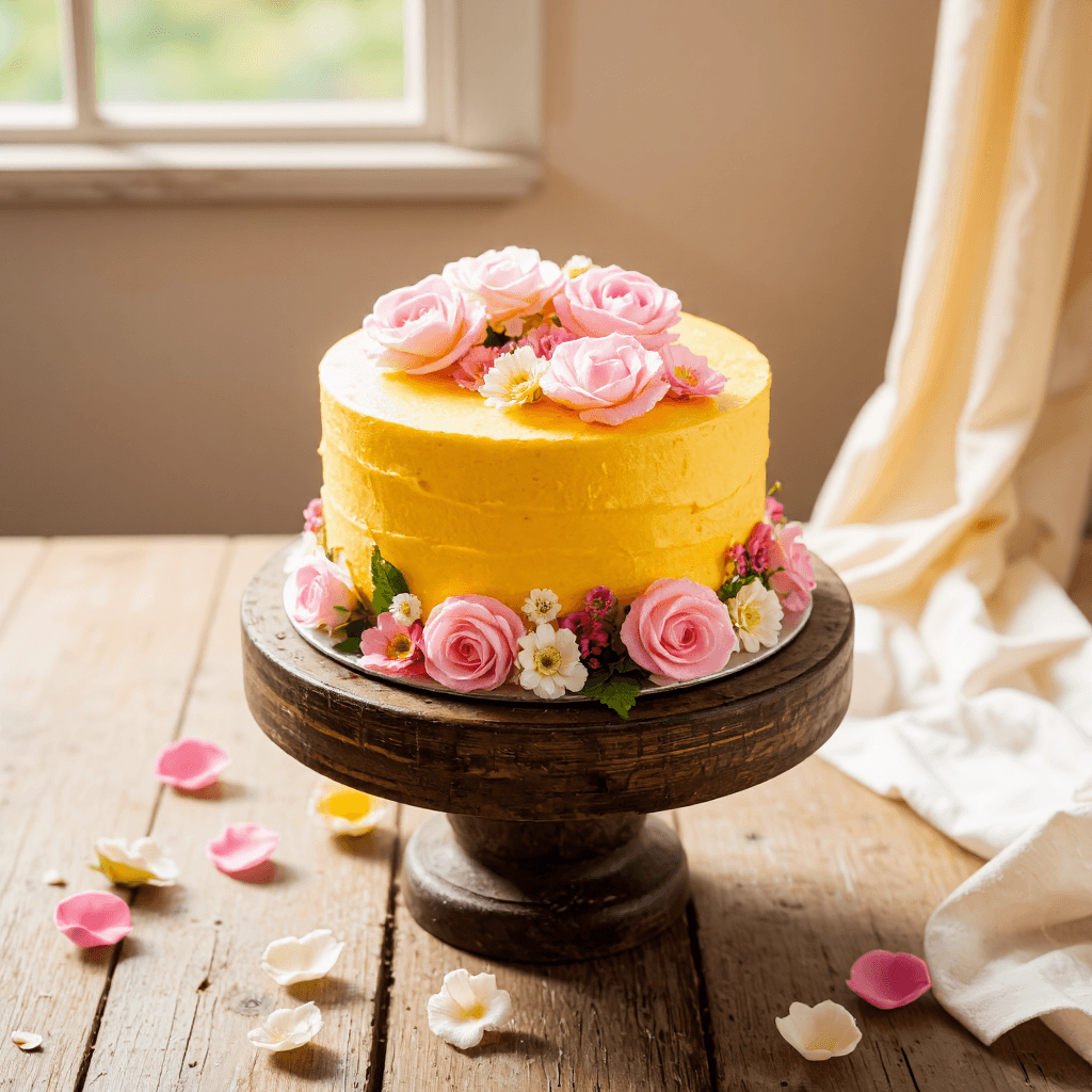 product photography of a round cake decorated with flowers