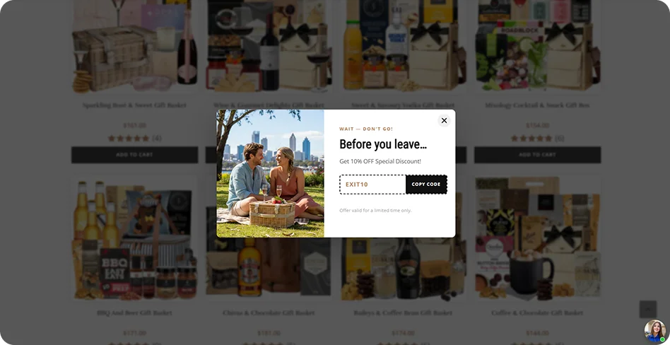 High-converting ecommerce exit-intent popup featuring a copy code button for a 10% discount to reduce bounce