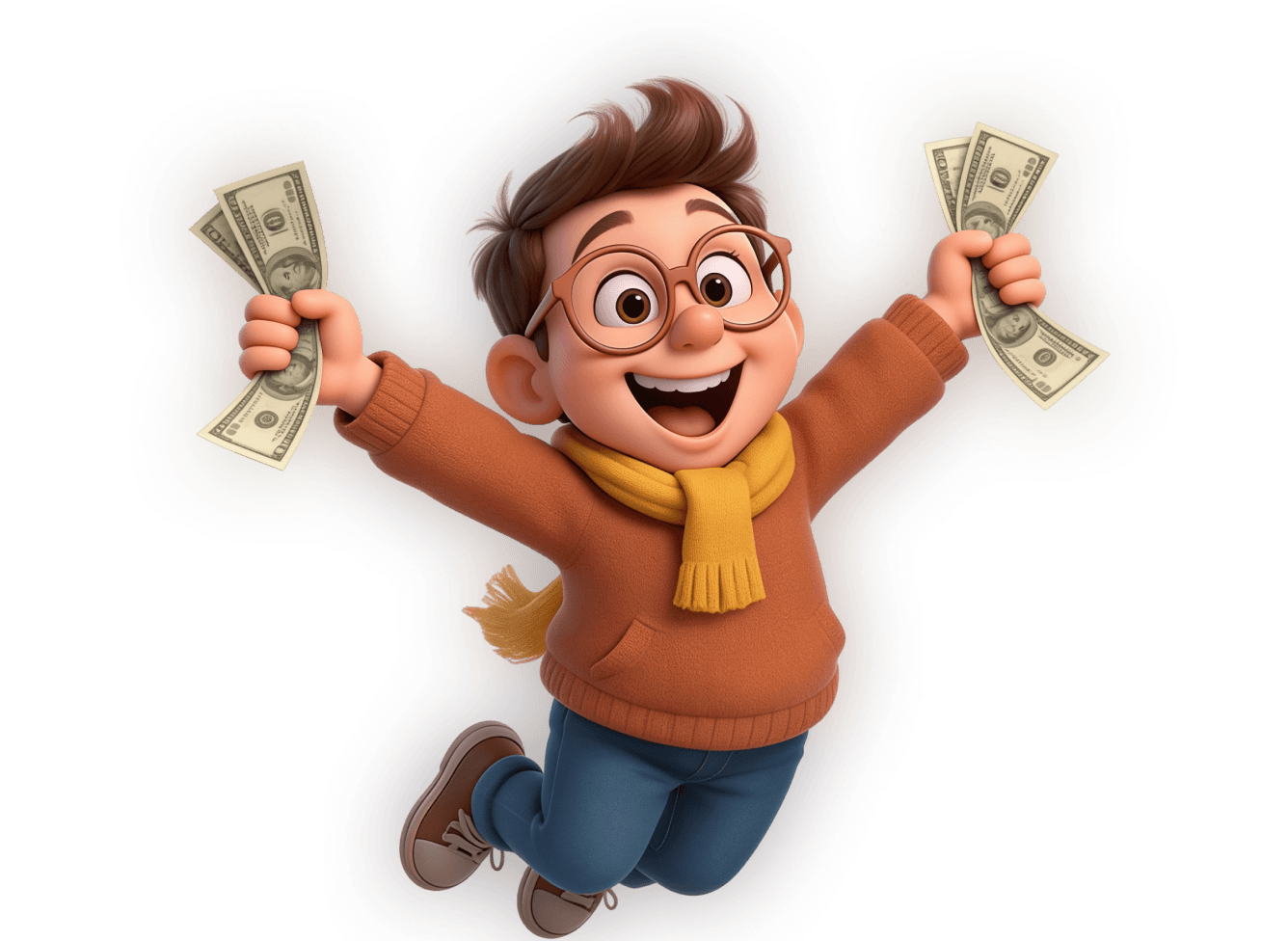 3D cartoon character joyfully holding stacks of dollar bills in both hands with an excited expression.