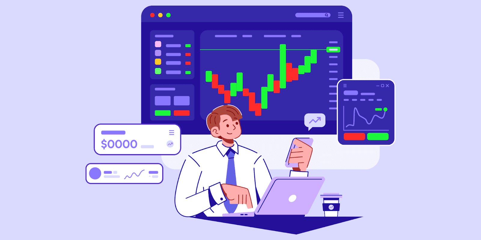 Trader analyzing market trends with trading software, visualizing data on laptop and mobile, symbolizing the world of financial decision-making.