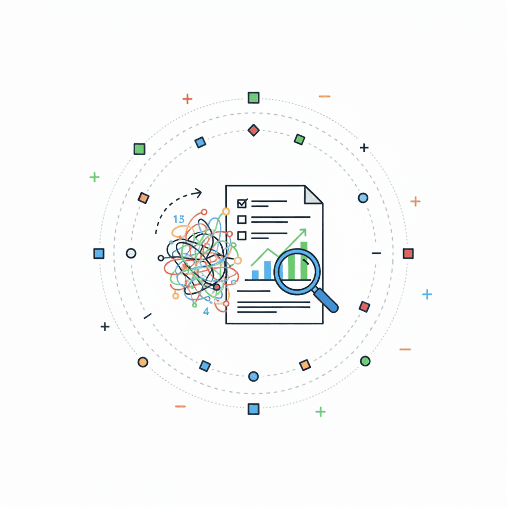 Analytics icon illustrating a tangled mess of data being processed into a clean document with a checklist, bar chart, and magnifying glass.