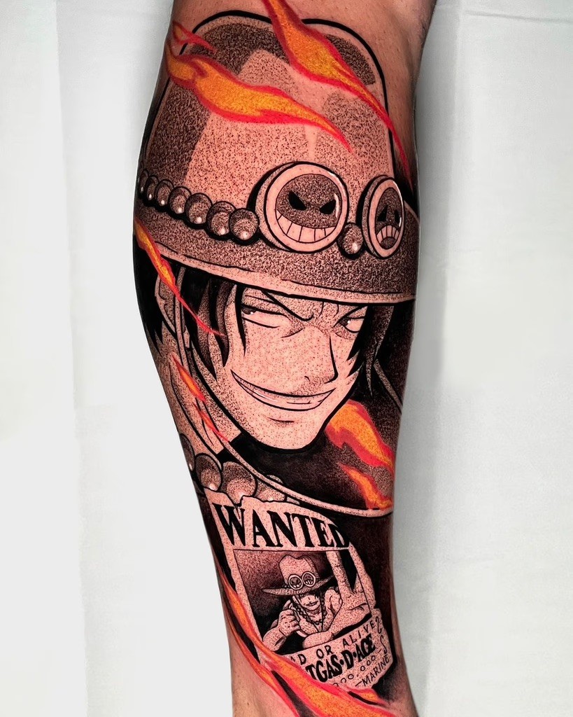 A beautifully detailed tattoo blending black and grey shading with selective bursts of color, creating a powerful and visually impactful design of Luffy in action.