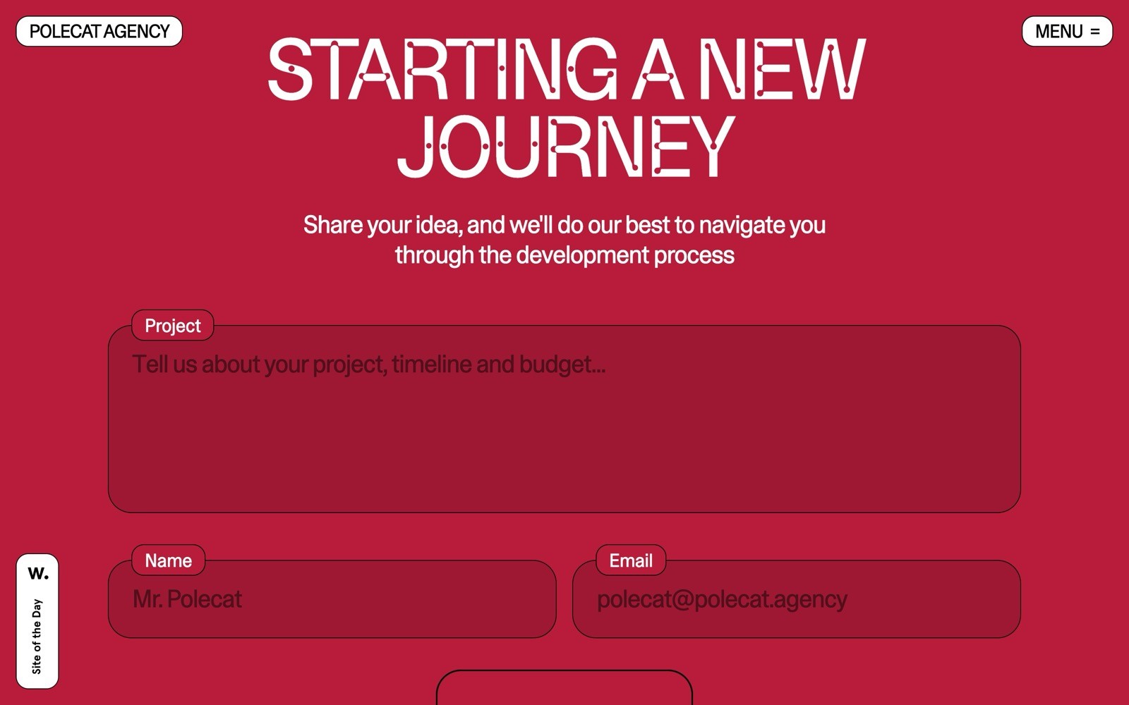 Red form with text: "STARTING A NEW JOURNEY. Share your idea..." Input fields for project, name, email. Menu button top right.