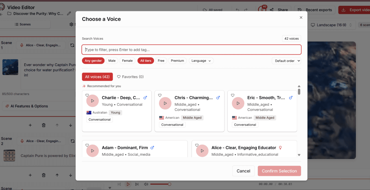 Choosing a voice, I select a warm, clear tone for patient-facing videos
