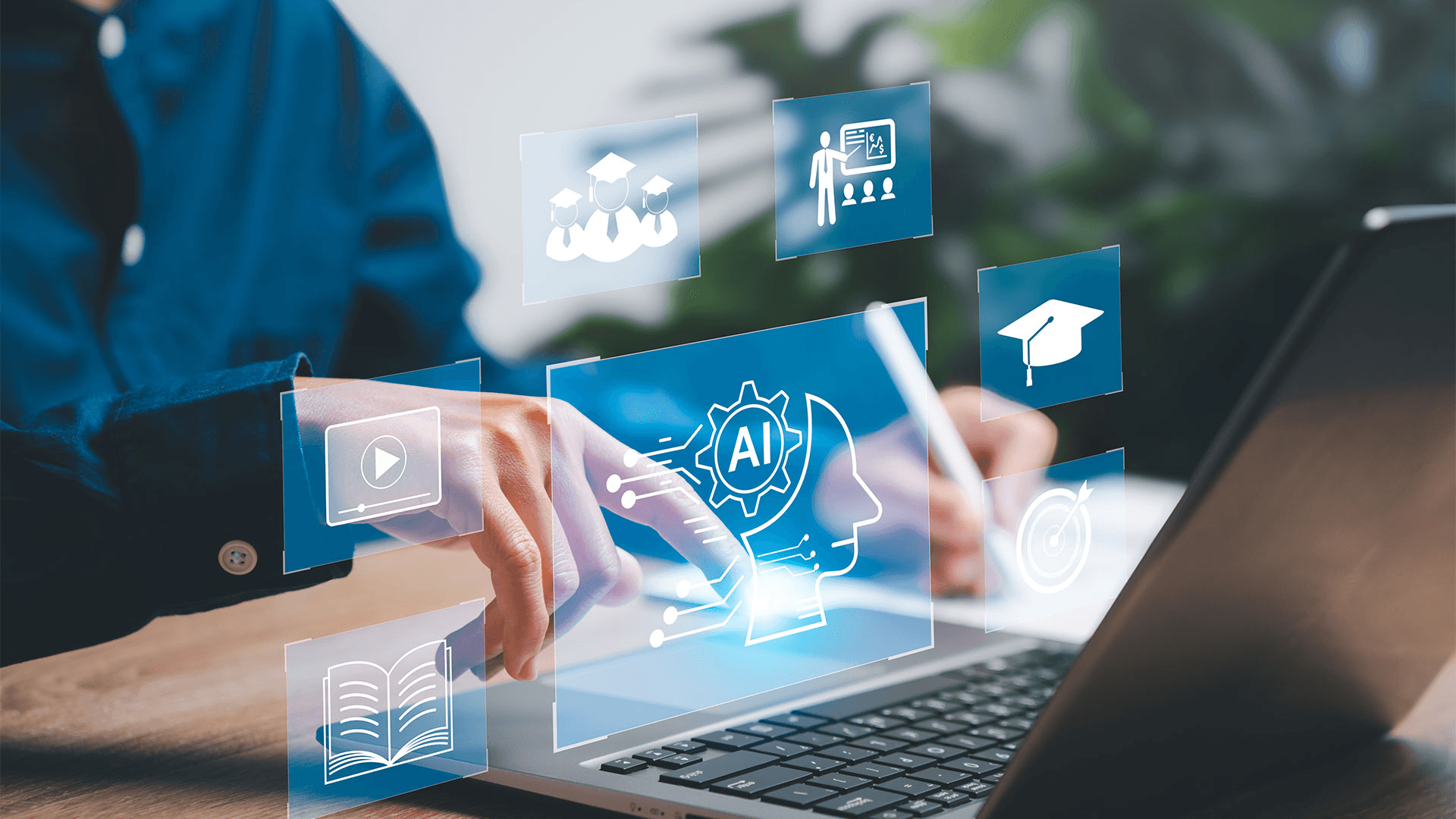 person touching didgtal icons - Google Summarizer