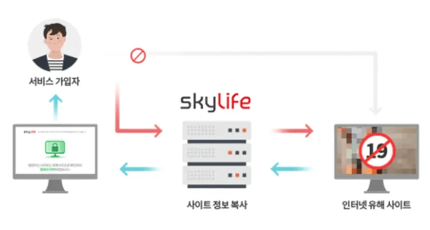 케어안심 서비스의 보안 원리 구조도 이미지입니다. 서비스 가입자가 인터넷 유해 사이트에 접속 시도 시, 스카이라이프 서버에서 사이트 정보를 복사 및 분석하여 악성코드나 해킹 위험이 있는 사이트 접근을 사전에 차단하고 안전 안내 문구를 띄워주는 과정을 보여줍니다.
