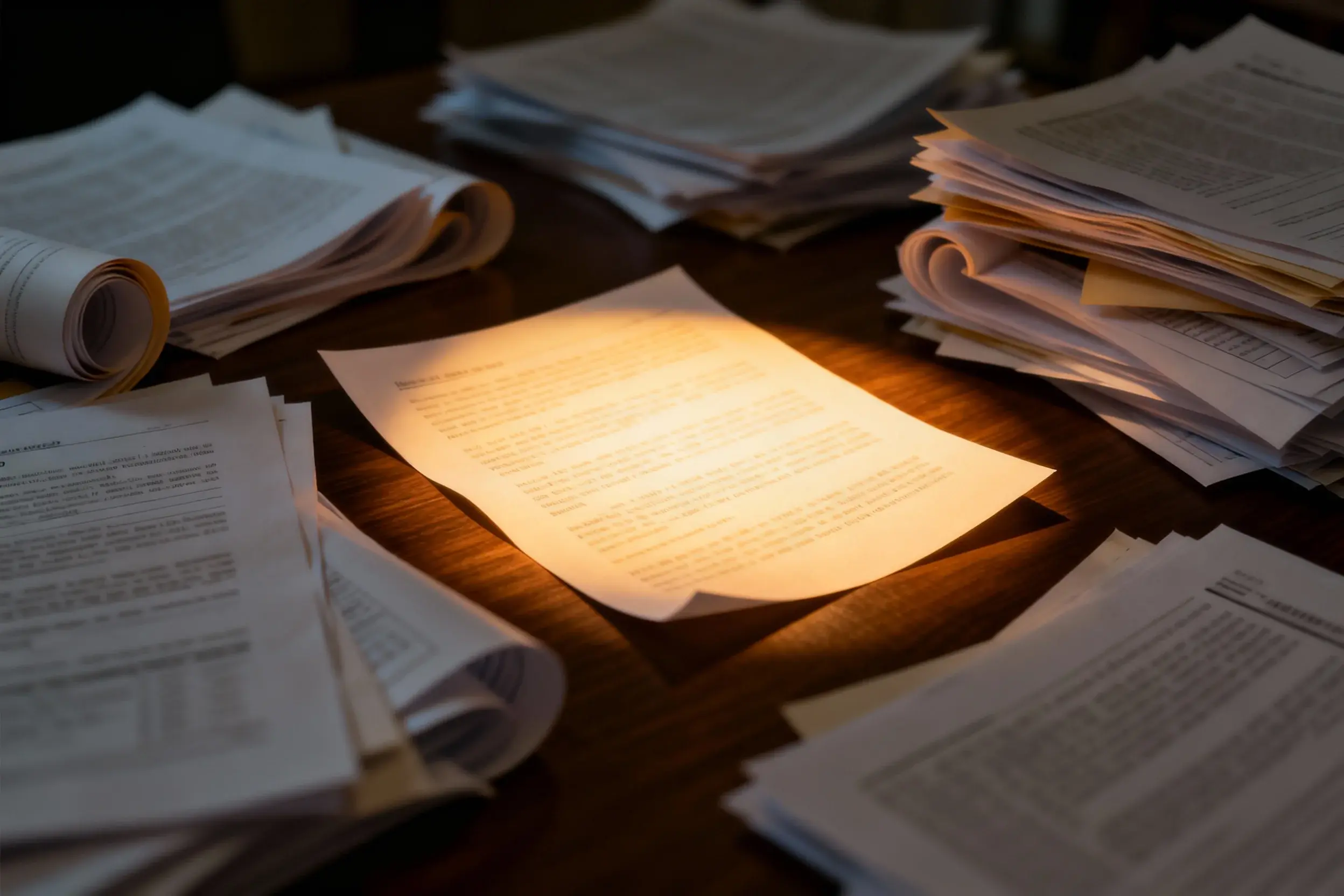 Highlighted report page among piles of paperwork