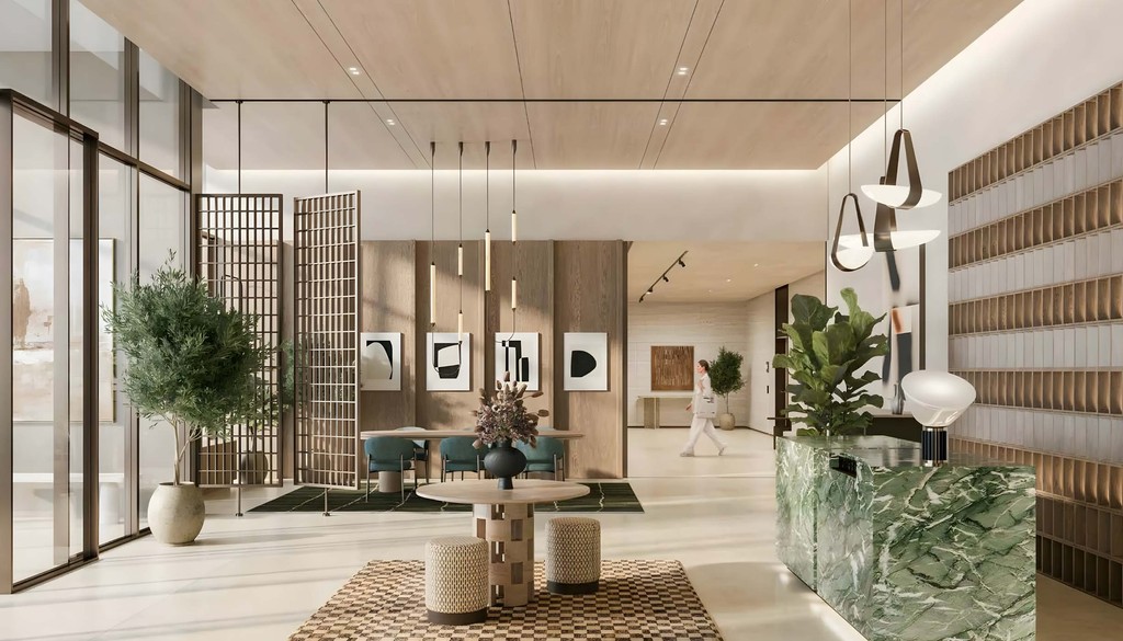 A modern living room featuring large windows that offer a scenic view of the water in Golf Hills.