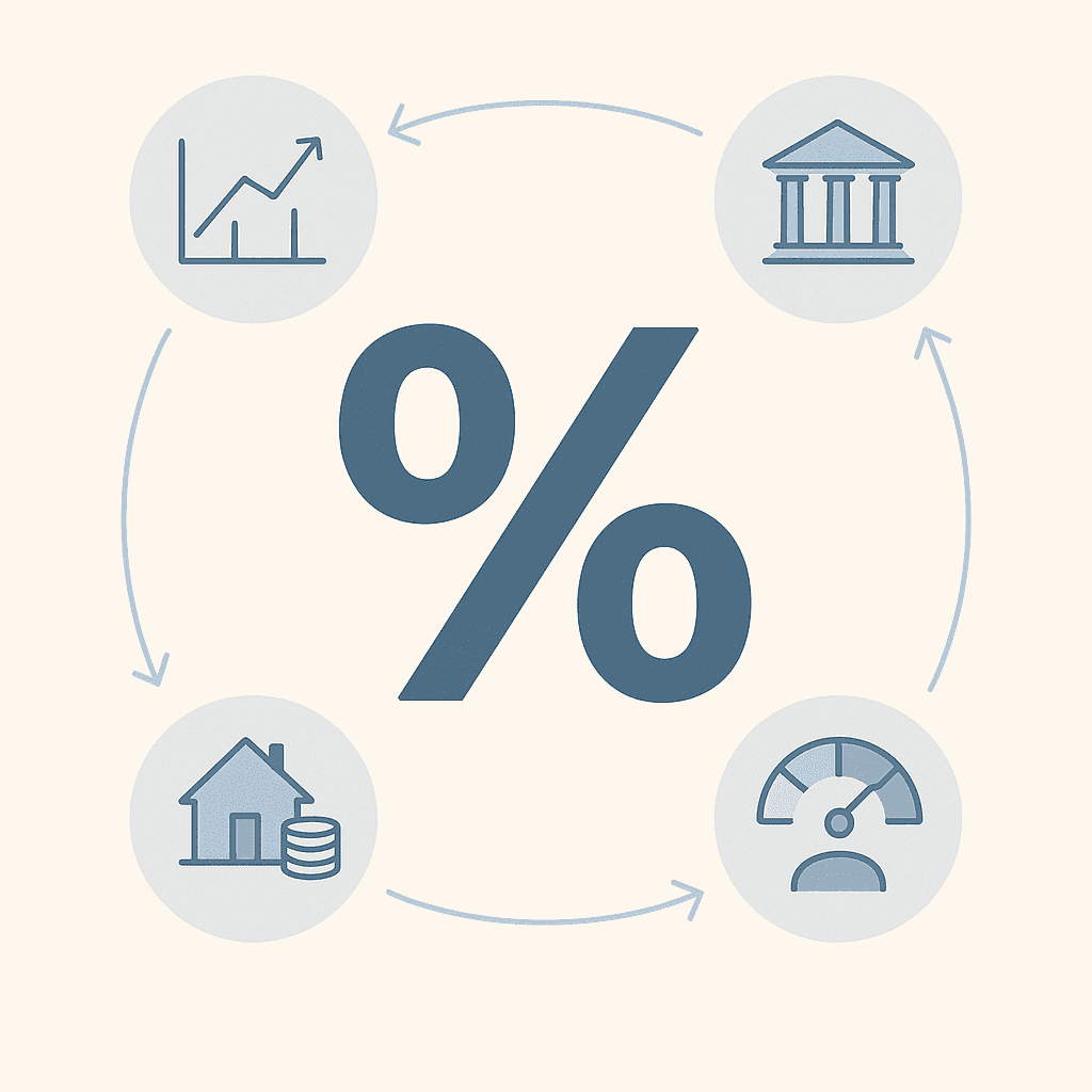Diagram of five macro and personal factors feeding into a central mortgage rate icon