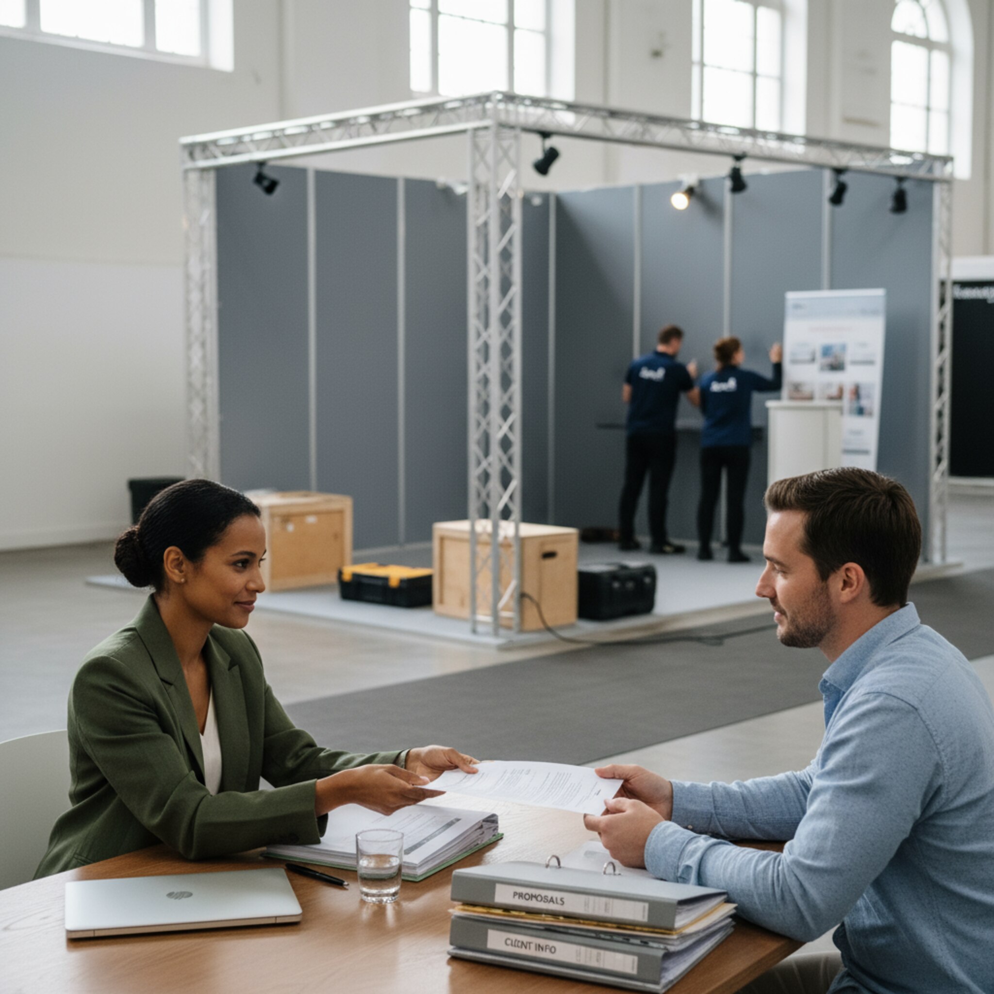 An einem Besprechungstisch überreicht ein Aussteller ein unterschriebenes Dokument, während im Hintergrund ein Eckstand aufgebaut wird. Ordentlich gestapelte Mappen und Etiketten warten auf die Ablage. Die Szene zeigt einen reibungslosen Abschluss und klare Preisabsprachen.
