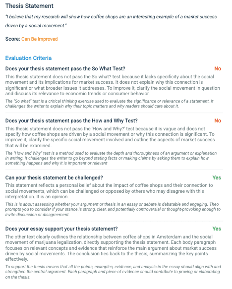 thesify thesis statement evaluation showing “Can Be Improved” with So What and How and Why tests plus guidance for strengthening the claim