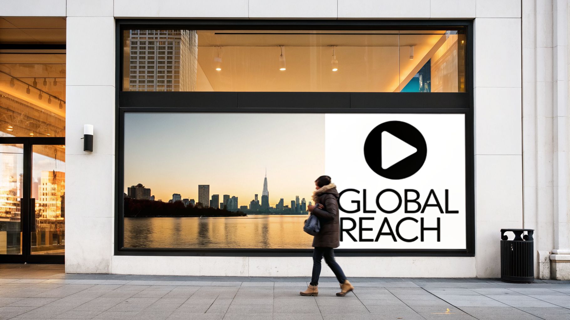 A person walks past a modern storefront featuring a large window display with a cityscape and 'GLOBAL REACH' logo.