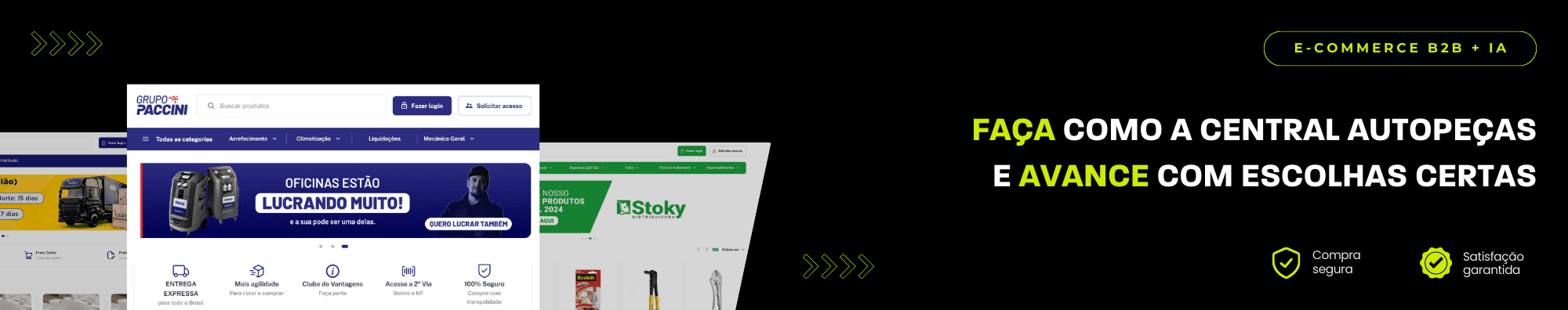 Banner horizontal com fundo escuro, ícones de segurança e satisfação, e imagens de lojas B2B exibidas à esquerda. Elementos gráficos em verde destacam o tema de e-commerce B2B com IA.