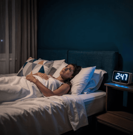 Schlaflose Person im Bett bei Nacht mit Wecker.