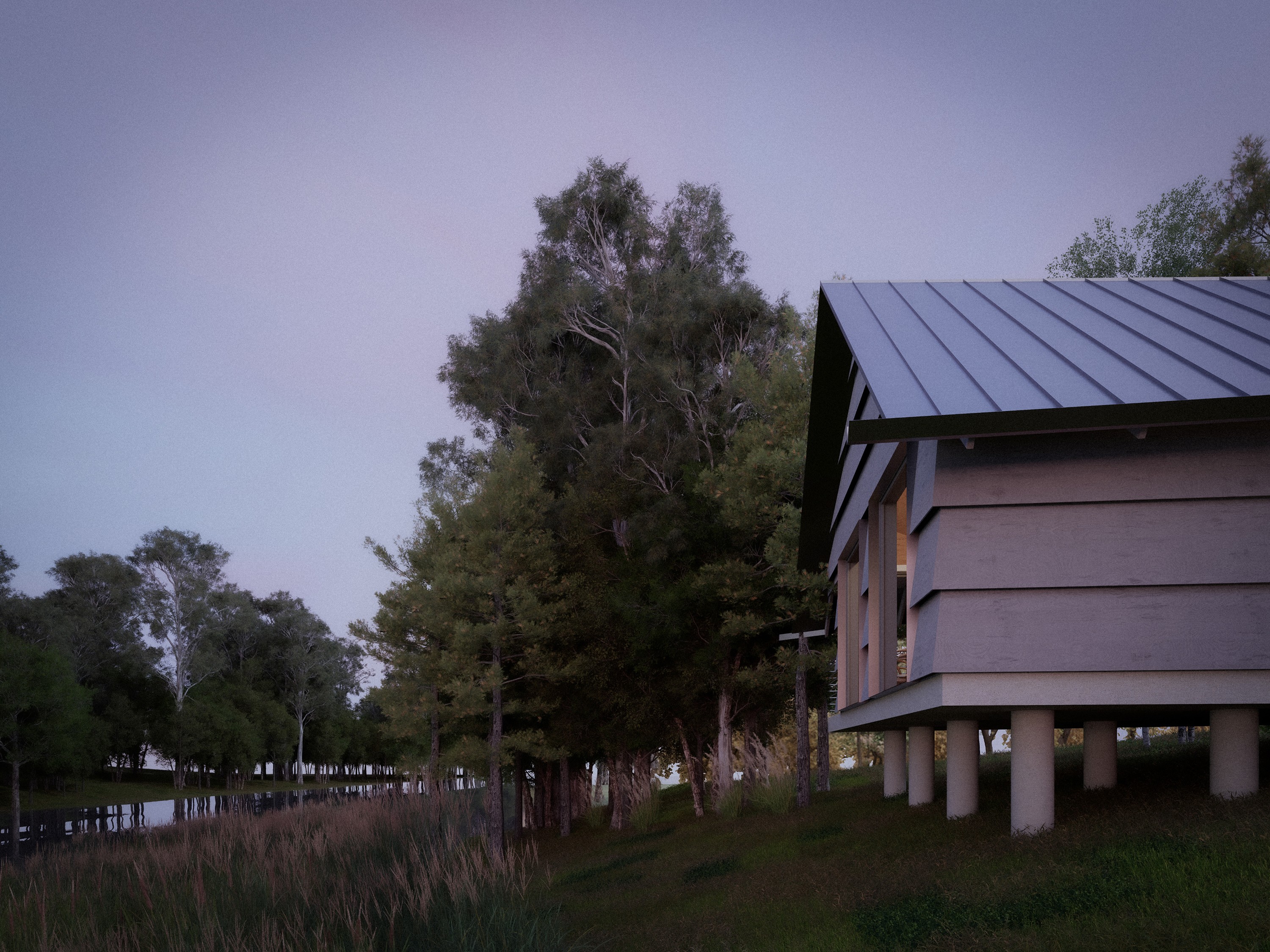 Title: Five Mile River ADU from the riverside at dusk - Description: Five Mile River ADU from the riverside at dusk