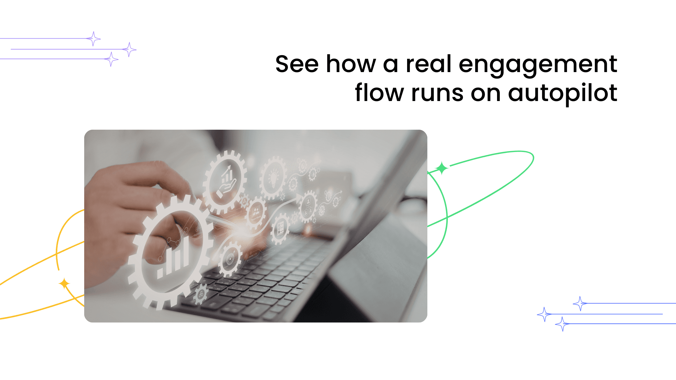 Hand using a laptop automation interface showing engagement workflows running automatically in coaching communities
