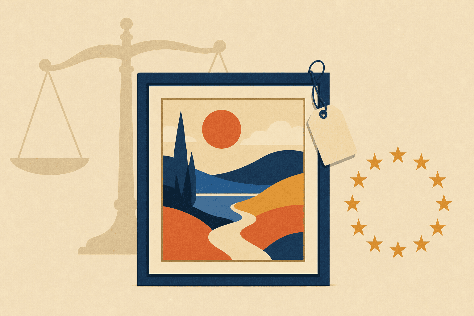 Illustration: Gerahmtes Landschaftsbild mit leerem Anhänger, daneben ein Kreis aus zwölf Sternen und eine Waage im Hintergrund