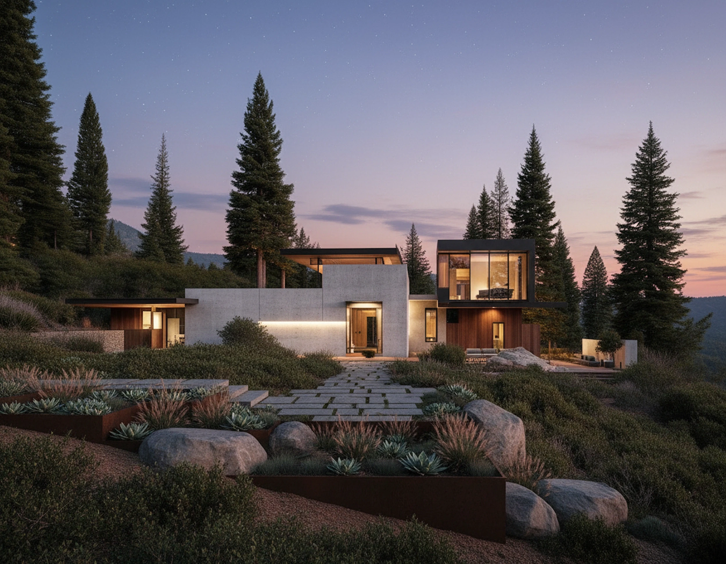Completed modern mountain residence at dusk with concrete walls, warm interior lighting, and native landscape planting.