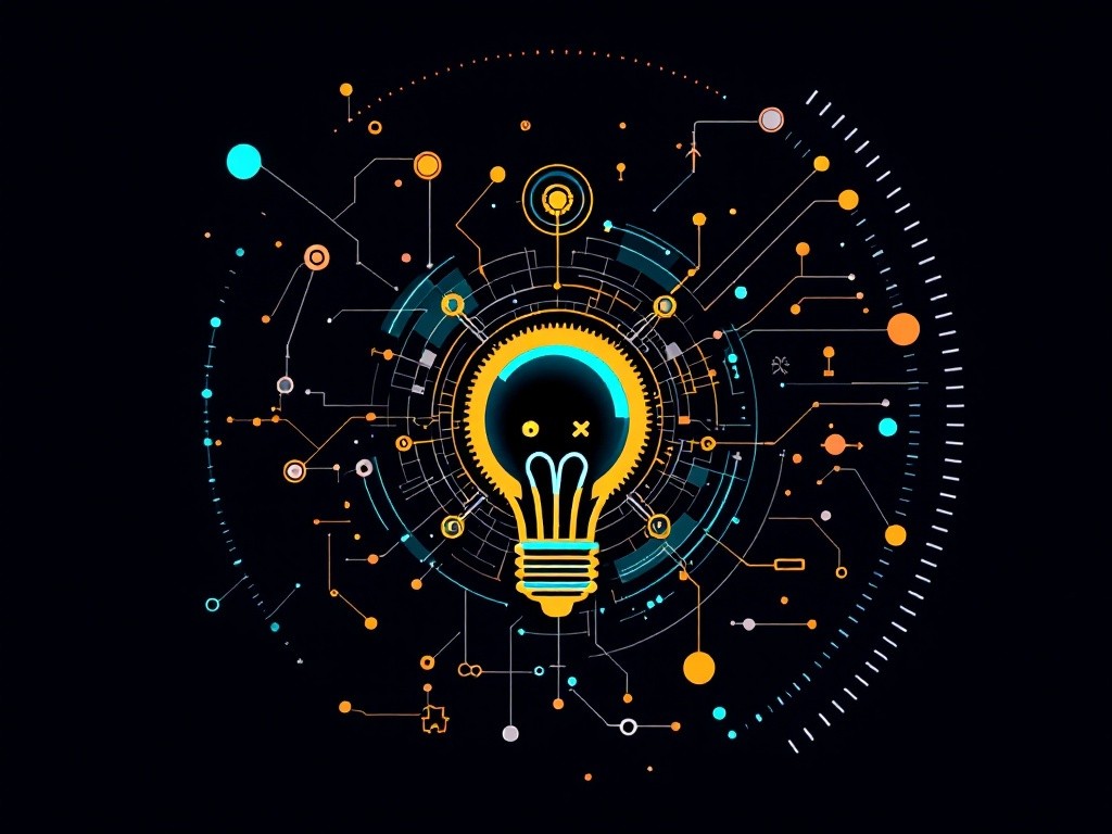 A lightbulb surrounded by a complex network of circuits and nodes, symbolizing innovation and technological advancement.
