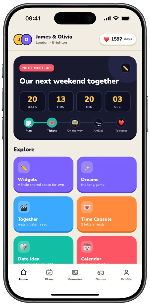 OtherHalf home screen with a countdown to the next meet-up