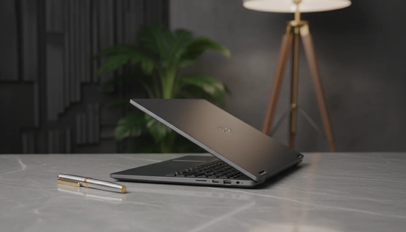 DSLR product shot of a sleek, dark grey Acer laptop, open and angled on a polished grey marble countertop. The scene is illuminated with soft studio lighting, emphasizing the matte texture of the laptop and creating a clean, professional aesthetic. In the background, a shallow depth of field blurs a dark textured wall, a green houseplant, and a modern floor lamp with a gold tripod base. A silver and gold pen rests beside the laptop, which is in crisp, sharp focus.