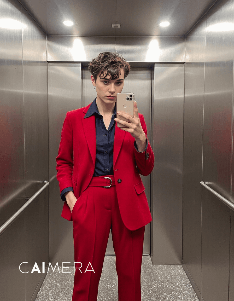 Stylish red power suit with navy shirt captured in elevator mirror selfie, highlighting contemporary fashion with striking color contrast