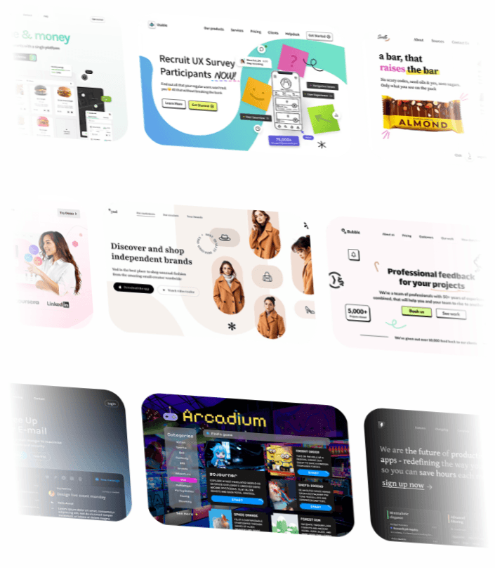 A partial view of a horizontal project carousel displaying three small website preview cards. The visible cards show minimalist layouts with clean grids, text blocks, and colorful graphical elements including a bright green card featuring a yellow smiley face illustration.