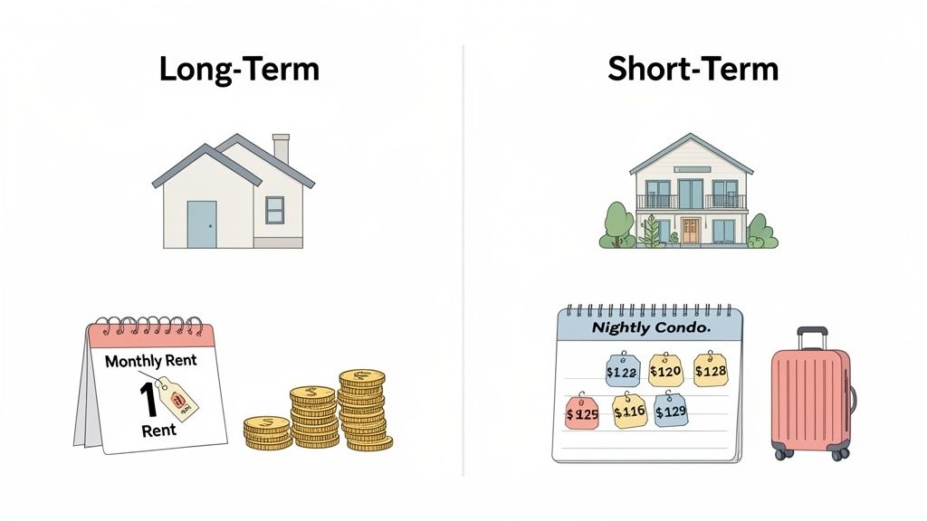 Visual comparison illustrating long-term housing with monthly rent versus short-term nightly condo rentals.