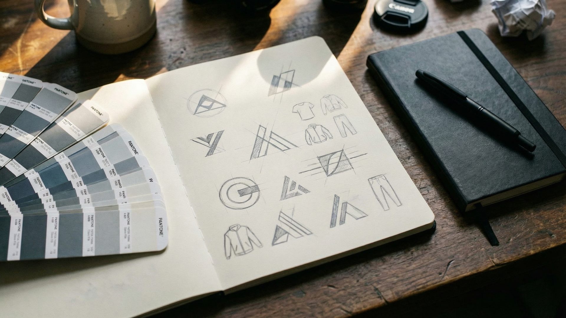 A flat-lay of a premium washed-black t-shirt surrounded by Pantone color chips, a sketchbook with garment drawings, and a matte black USB drive on a concrete surface.