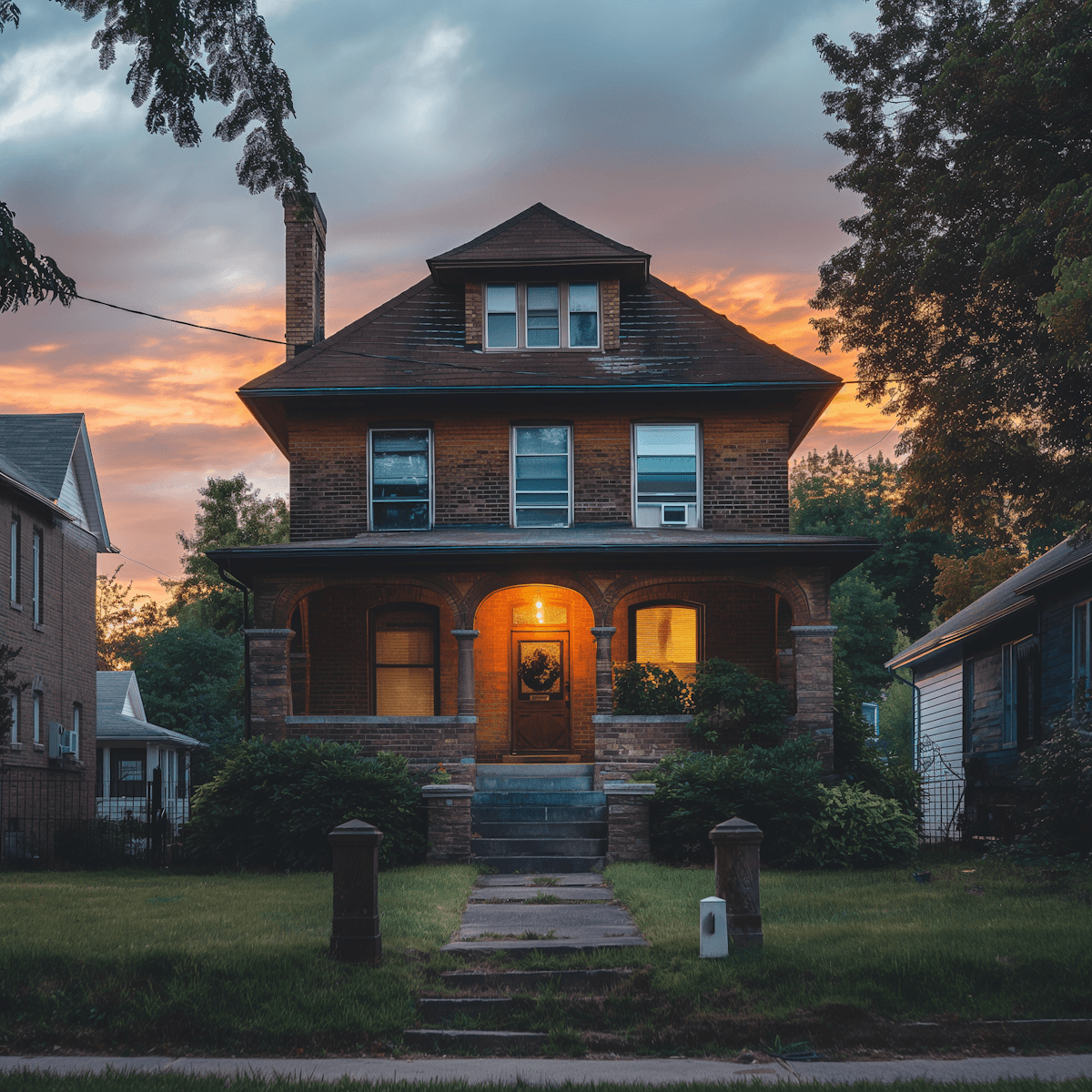 A two-story brick house with a lit porch stands against a vibrant sunset sky. Trees and neighboring homes frame the scene, creating a cozy, inviting atmosphere.
