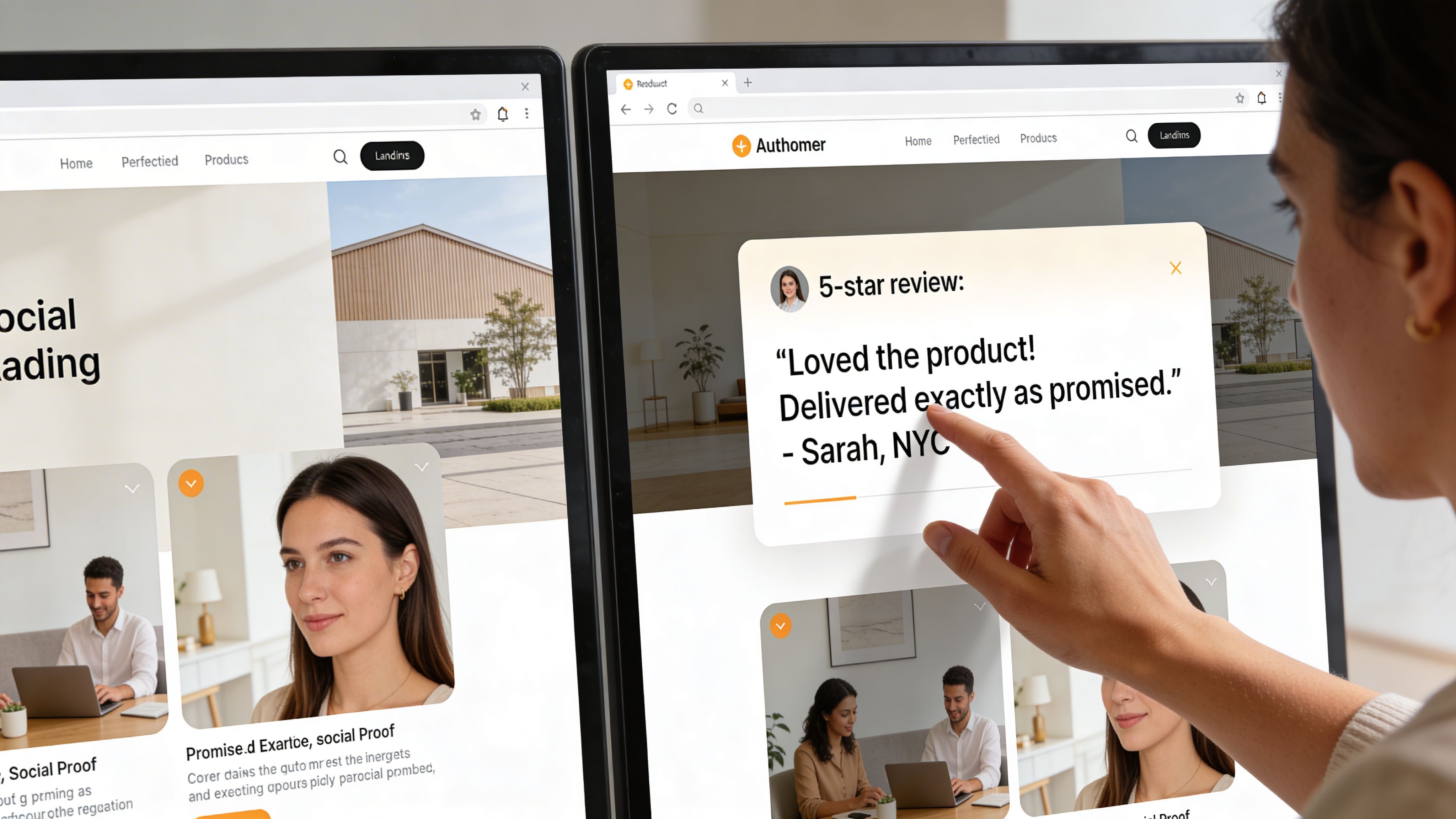 A person pointing at a 5-star customer review displayed on a landing page design on computer monitors.