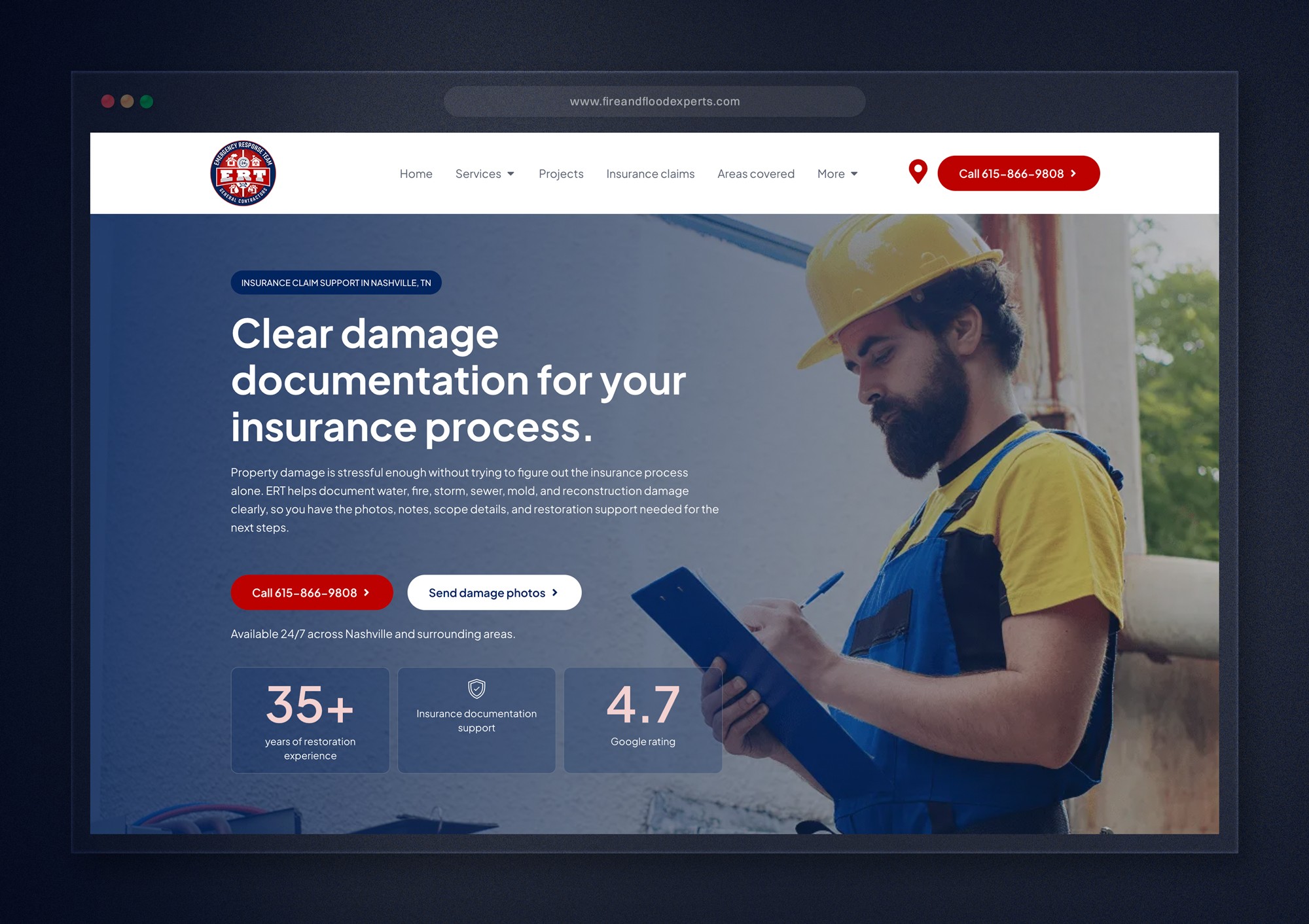 Fire and Flood Experts insurance claims page redesign with damage documentation messaging and emergency contact buttons