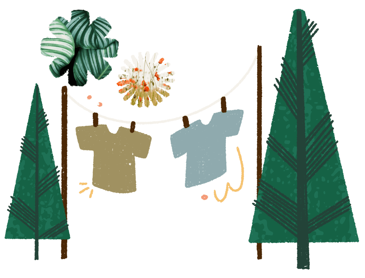 Drawing of two shirts strung up between two trees.
