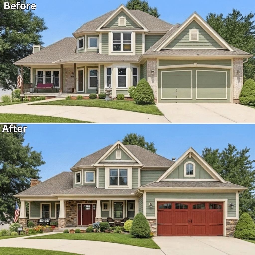 Home exterior painted sage green with cream trim in craftsman style by AI