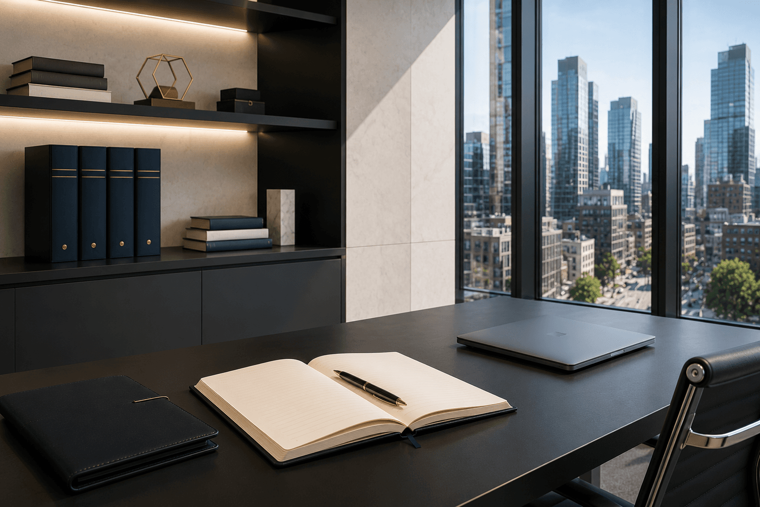 Modern executive office with legal reference books, a workspace, and city skyline representing Ontario paralegal services and frequently asked legal questions.