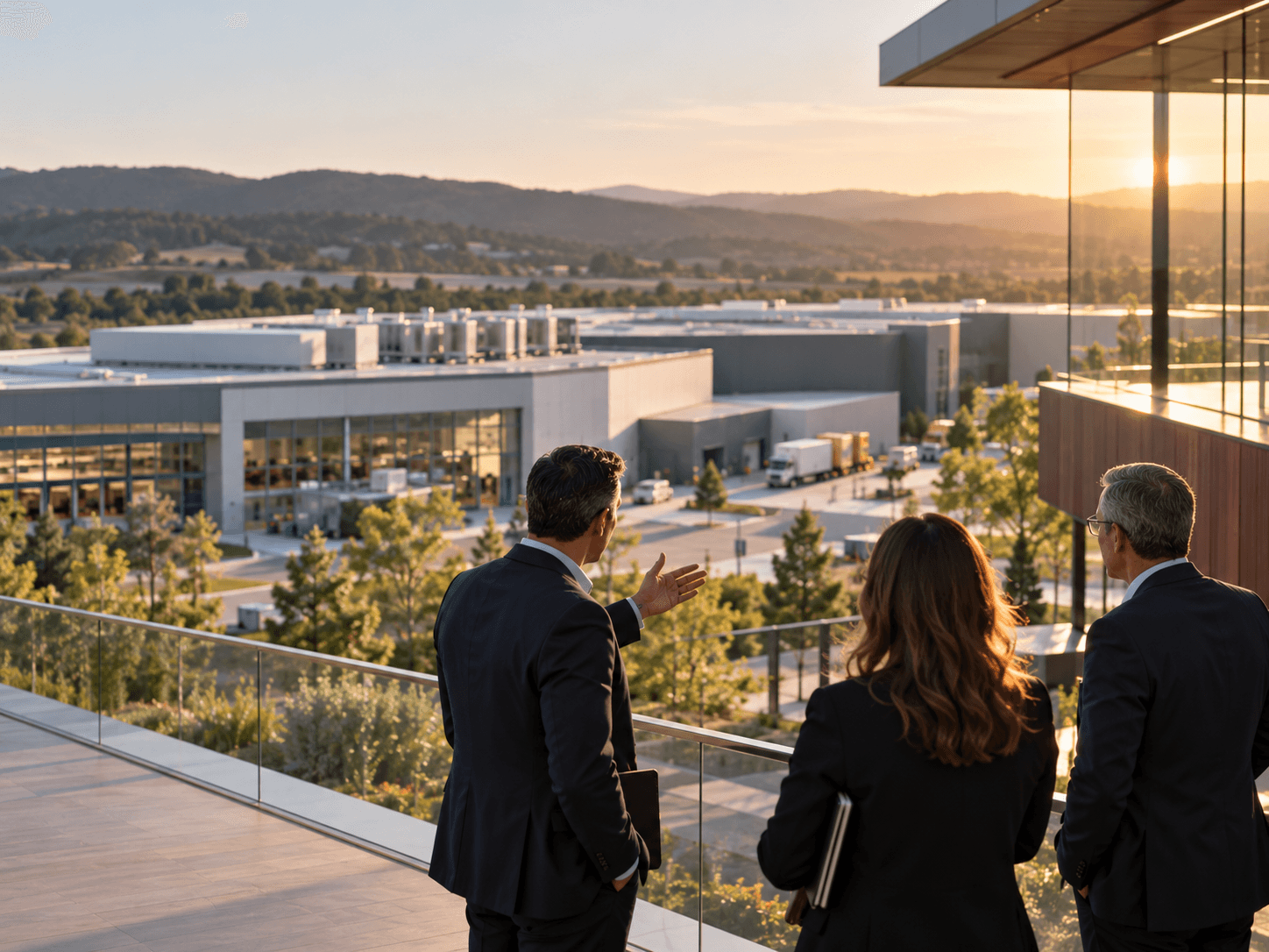 Three people on a terrace at sunset looking out over a logistics campus with loading bays and trucks.