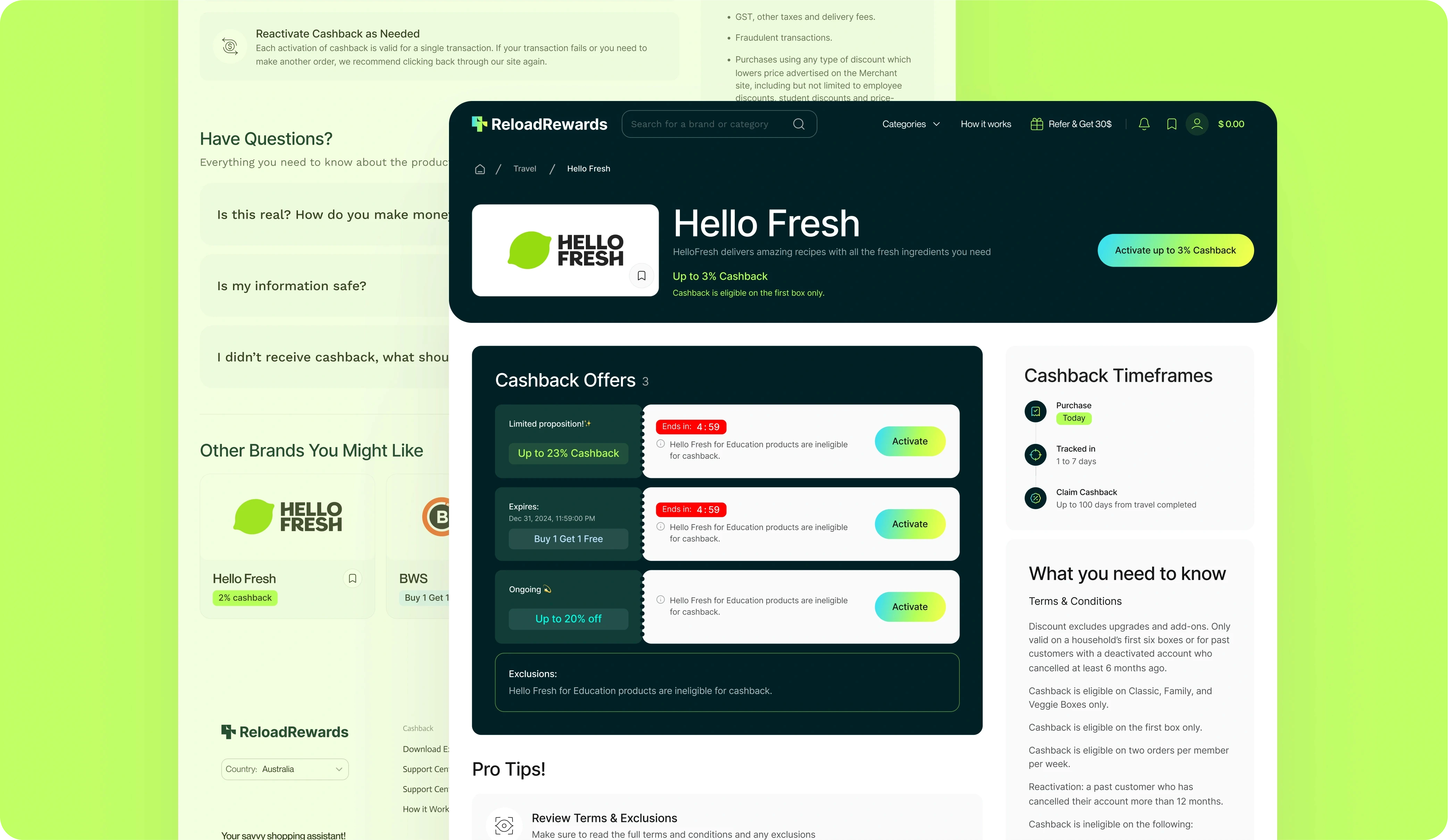 The image showcases the "ReloadRewards" cashback platform interface, specifically highlighting cashback offers for Hello Fresh. The visual includes a dark-themed dashboard with detailed cashback deals, activation buttons, and essential information such as terms and conditions, timeframes for purchase tracking, and claiming cashback. The page design emphasizes usability with clear sections for frequently asked questions, related brands, and tips, all set against a vibrant green and dark background. The interface aims to provide a user-friendly experience for tracking and activating cashback opportunities.