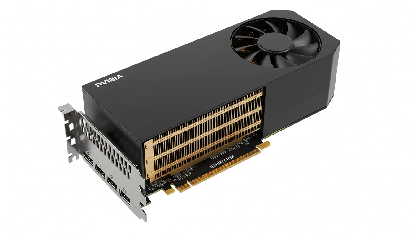 High-fidelity DSLR product shot of a professional NVIDIA RTX graphics card, isolated on a clean, solid white background. The image captures the card from a high-angle three-quarter view, positioned diagonally. Soft studio lighting evenly illuminates the sleek, matte black metal shroud and the contrasting gold-colored heatsink with its fine, horizontal fins. A black blower-style fan is visible at the far end. The entire object is in tack-sharp focus, revealing crisp details on the I/O bracket and ports.