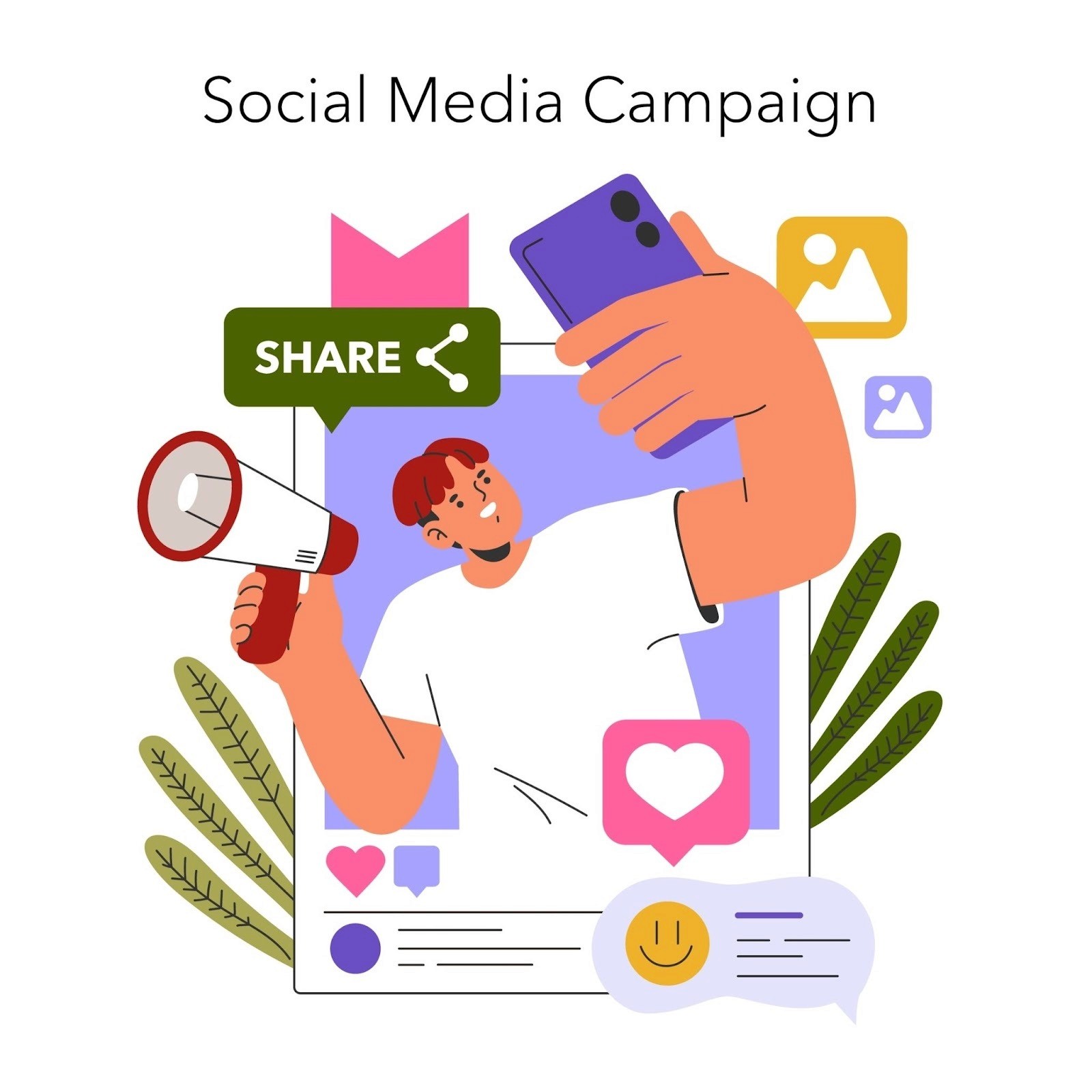 Influencer running social media campaign with megaphone, phone, and engagement icons for creator marketing