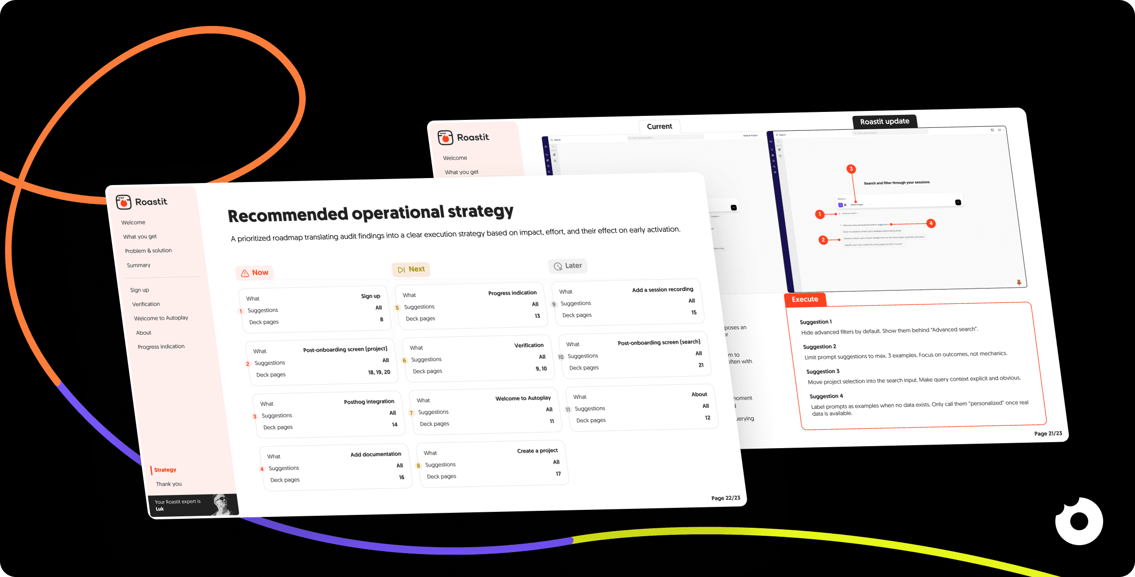 Screens showing a Roastit UX audit report with a recommended operational strategy roadmap and annotated interface improvements on a dark background